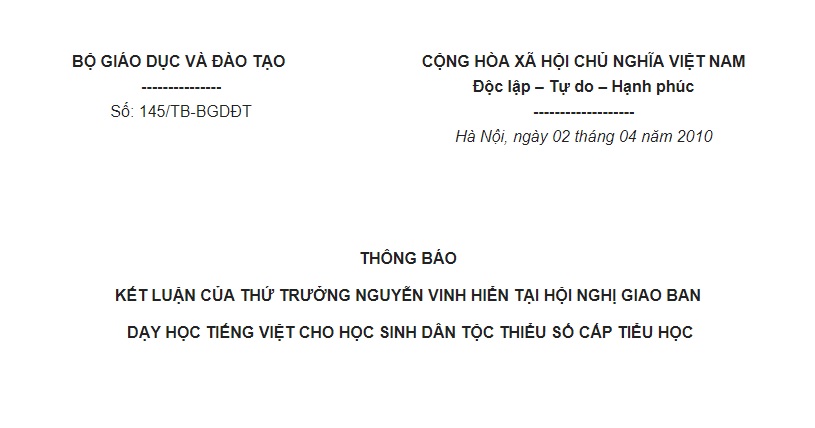 Thông báo 145/TB-BGDĐT về kết luận của Thứ trưởng Nguyễn Vinh Hiển tại Hội nghị giao ban dạy học tiếng Việt cho học sinh dân tộc thiểu số
