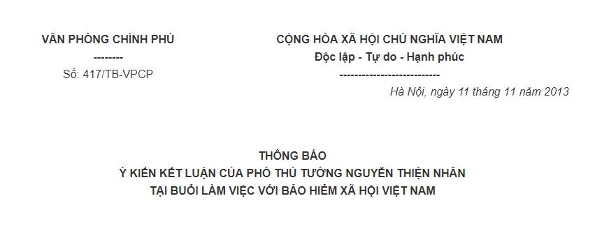 Thông báo 417/TB-VPCP về ý kiến kết luận của Phó Thủ tướng Nguyễn Thiện Nhân tại buổi làm việc với Bảo hiểm xã hội Việt Nam