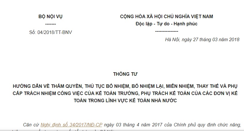 Thông tư 04/2018/TT-BNV thẩm quyền, thủ tục bổ nhiệm, bổ nhiệm lại, miễn nhiệm,  phụ cấp trách nhiệm của kế toán