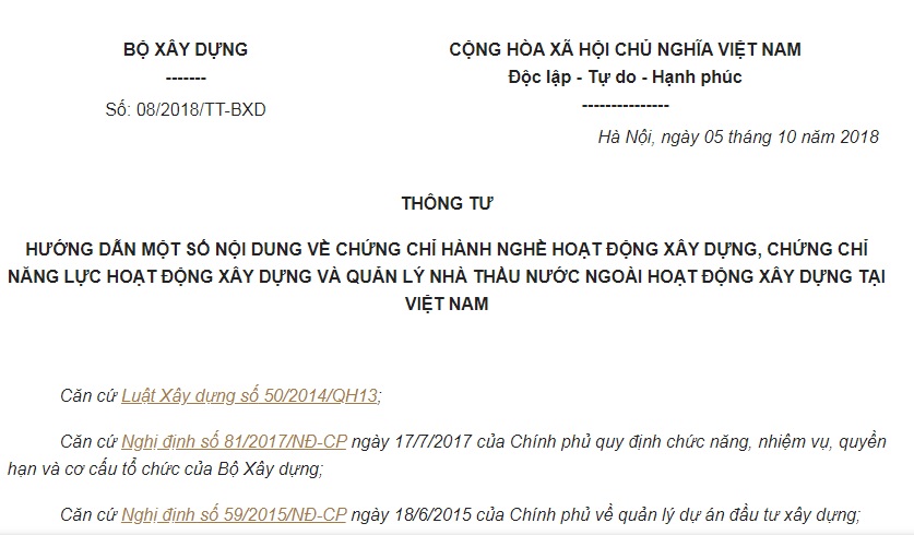 Thông Tư 08/2018/TT-BXD về chứng chỉ hành nghề xây dựng, chứng chỉ hoạt động xây dựng và quản lý nhà thầu nước ngoài