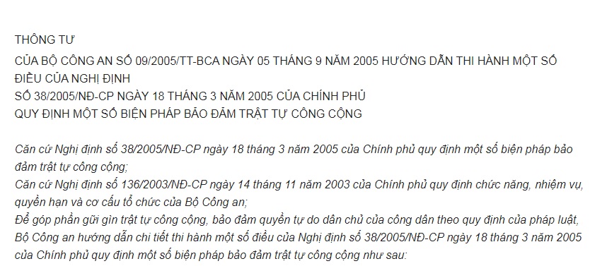 Thông Tư 09/2005/TT-BCA về  hướng dẫn thi hành một số điều của Nghị định số 38/2005/NĐ-CP quy định một số biện pháp bảo đảm trật tự công cộng