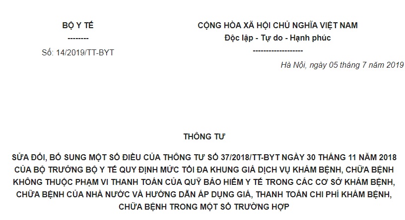 Thông tư 14/2019/TT-BYT sửa đổi giá tối đa khi khám, chữa bệnh không có BHYT