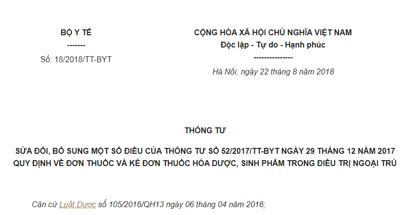 Thông tư 18/2018/TT-BYT sửa đổi Thông tư 52/2017/TT-BYT về đơn thuốc và kê đơn thuốc hóa dược, sinh phẩm trong điều trị ngoại trú