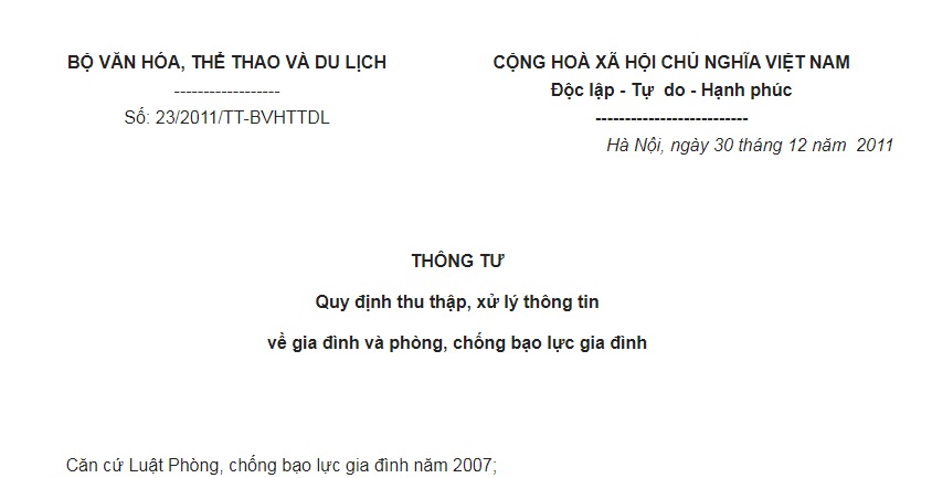 Thông Tư 23/2011/TT-BVHTTDL thông tin về gia đình và phòng, chống bạo lực gia đình