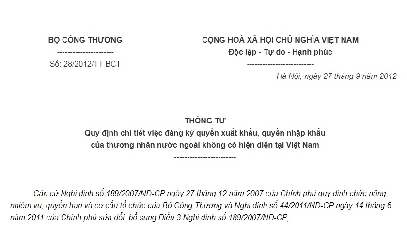 Thông Tư 28/2012/TT-BCT đăng ký quyền xuất nhập khẩu của thương nhân