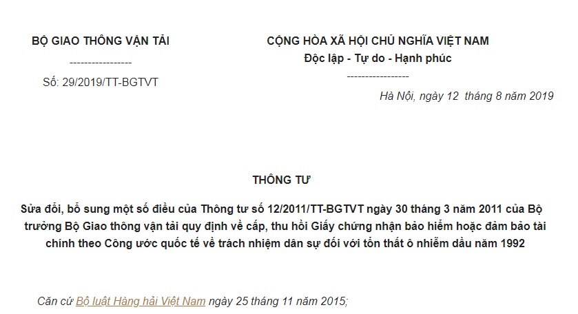 Thông Tư 29/2019/TT-BGTVT sửa đổi quy định về Giấy chứng nhận bảo hiểm hoặc bảo đảm tài chính