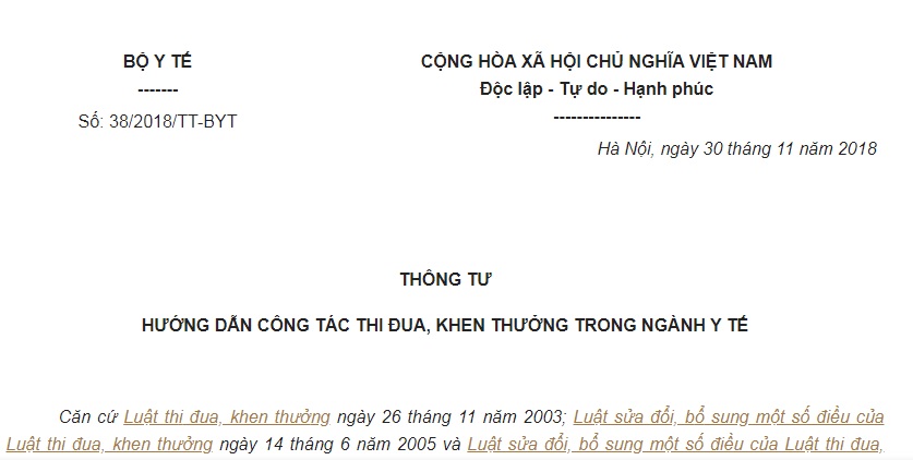 Thông Tư 38/2018/TT-BYT hướng dẫn công tác thi đua, khen thưởng trong ngành Y tế