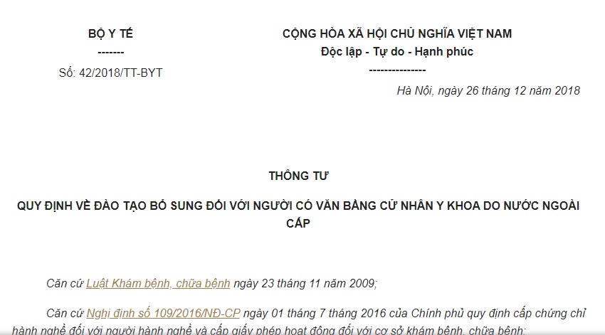 Thông Tư 42/2018/TT-BYT đào tạo bổ sung người có văn bằng cử nhân y khoa do nước ngoài cấp