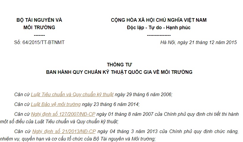 Thông Tư 64/2015/TT-BTNMT Quy chuẩn về giới hạn cho phép kim loại nặng trong đất