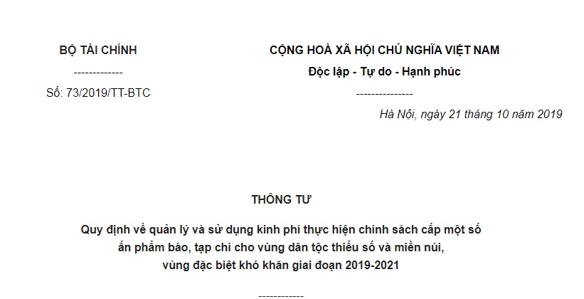 Thông Tư 73/2019/TT-BTC kinh phí thực hiện chính sách cấp báo, tạp chí cho dân tộc thiểu số