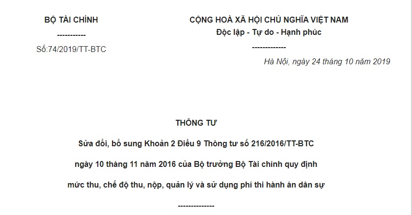 Thông Tư 74/2019/TT-BTC sửa đổi Thông tư 216/2016/TT-BTC về phí thi hành án dân sự