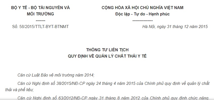 Thông Tư liên tịch 58/2015/TTLT-BYT-BTNMT về quản lý chất thải y tế