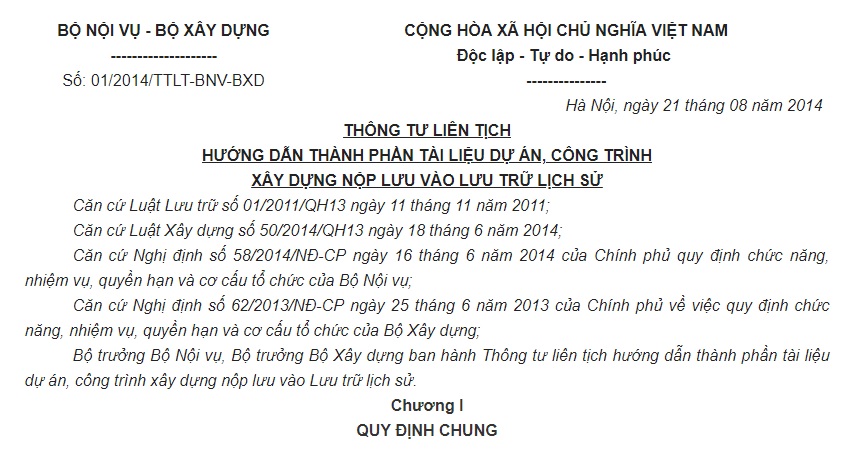 Thông tư liên tịch 01/2014/TTLT-BNV-BXD về việc hướng dẫn thành phần tài liệu dự án, công trình xây dựng nộp lưu vào lưu trữ lịch sử