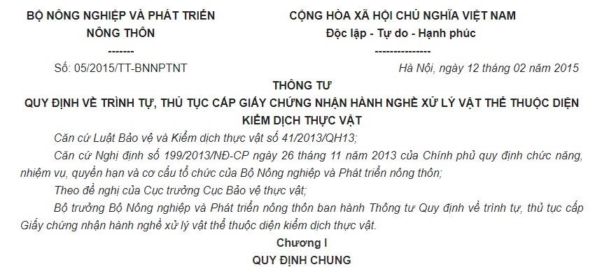 Thông tư 05/2015/TT-BNNPTNT Giấy chứng nhận hành nghề xử lý vật thể thuộc diện kiểm dịch thực vật