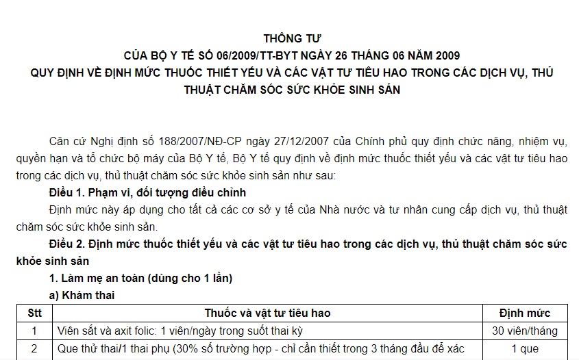 Thông tư 06/2009/TT-BYT quy định về định mức thuốc thiết yếu và các vật tư tiêu hao trong các dịch vụ, thủ thuật chăm sóc sức khỏe sinh sản