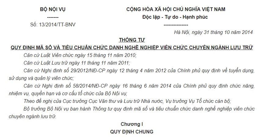 Thông tư 13/2014/TT-BNV tiêu chuẩn chức danh nghề nghiệp viên chức chuyên ngành lưu trữ