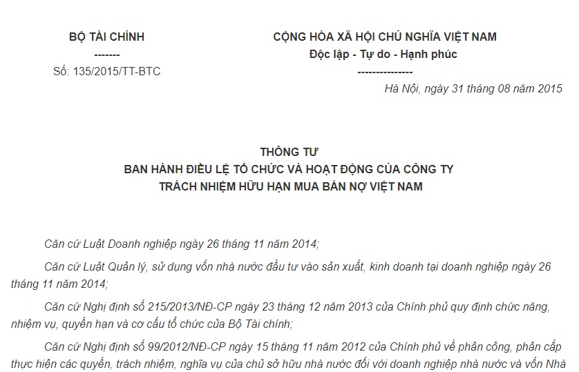 Thông tư 135/2015/TT-BTC Điều lệ của Công ty TNHH Mua bán nợ Việt Nam