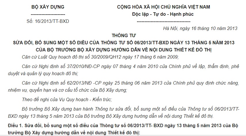 Thông tư 16/2013/TT-BXD sửa hướng dẫn về nội dung thiết kế đô thị