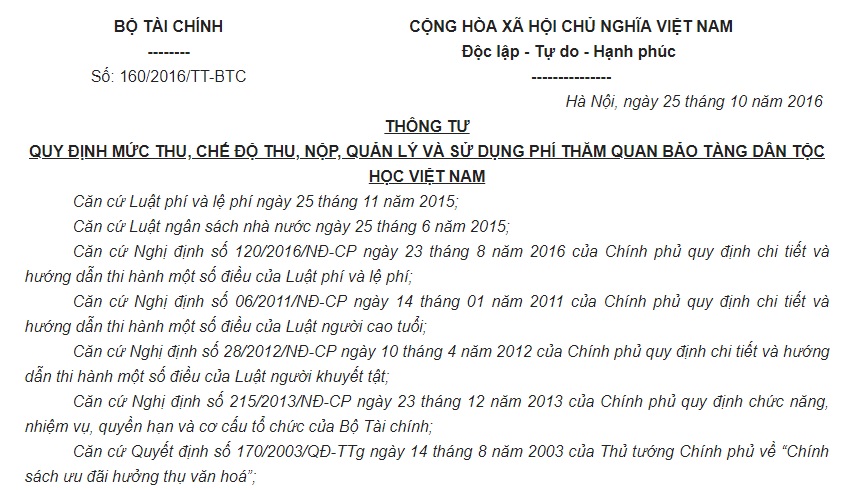 Thông tư 160/2016/TT-BTC phí tham quan Bảo tàng Dân tộc học Việt Nam