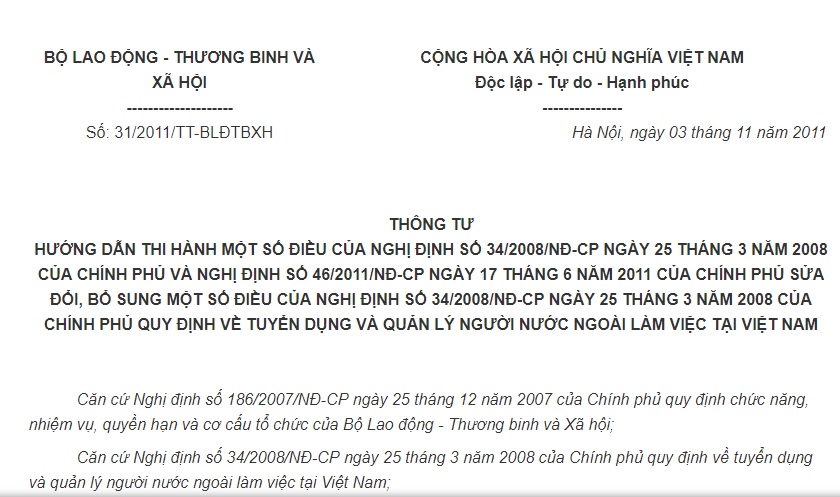 Thông tư 31/2011/TT-BLĐTBXH thi hành quy định về tuyển dụng và quản lý người nước ngoài làm việc tại Việt Nam