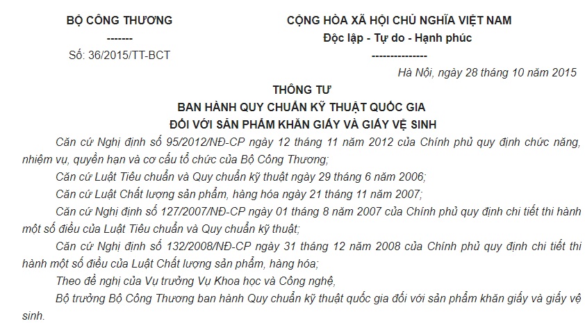 Thông tư 36/2015/TT-BCT Quy chuẩn quốc gia sản phẩm khăn giấy và giấy vệ sinh