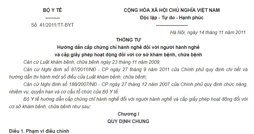 Thông tư 41/2011/TT-BYT về cấp chứng chỉ hành nghề đối với người hành nghề khám bệnh, chữa bệnh