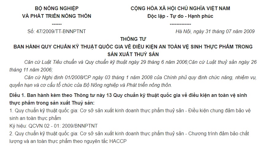 Thông tư 47/2009/TT-BNNPTNT ban hành Quy chuẩn kỹ thuật về điều kiện an toàn vệ sinh thực phẩm trong sản xuất thủy sản