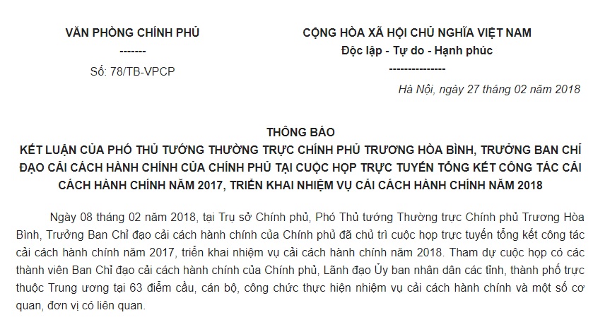 Thông báo 78/TB-VPCP năm 2018 về kết luận của Phó Thủ tướng tổng kết công tác cải cách hành chính năm 2017, triển khai nhiệm vụ