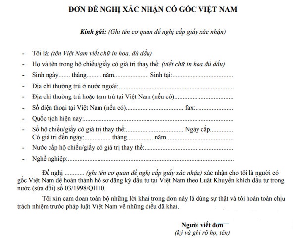 Mẫu Tờ khai xin xác nhận là người gốc Việt Nam chuẩn hiện nay