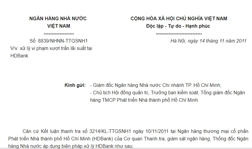Công văn 8839/NHNN-TTGSNH1 của Ngân hàng Nhà nước Việt Nam về việc xử lý vi phạm vượt trần lãi suất tại HDBank