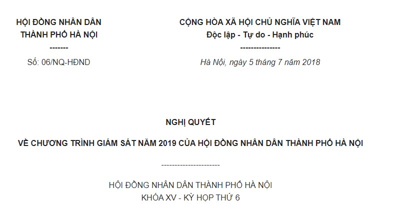 Nghị quyết 06/NQ-HĐND Hà Nội 2018 về chương trình giám sát năm 2019