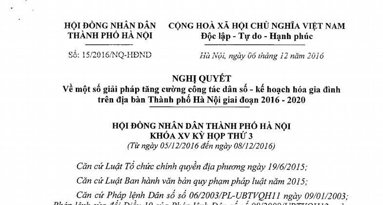 Nghị quyết 15/2016/NQ-HĐND Hà Nội về giải pháp tăng cường công tác dân số