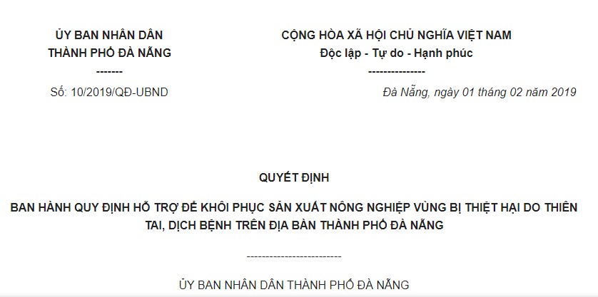 Quyết định 10/2019/QĐ-UBND Đà Nẵng hỗ trợ khôi phục sản xuất vùng bị thiệt hại do thiên tai