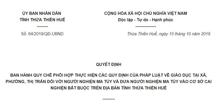 Quyết định 64/2019/QĐ-UBND Thừa Thiên Huế giáo dục tại xã phường với người nghiện ma túy