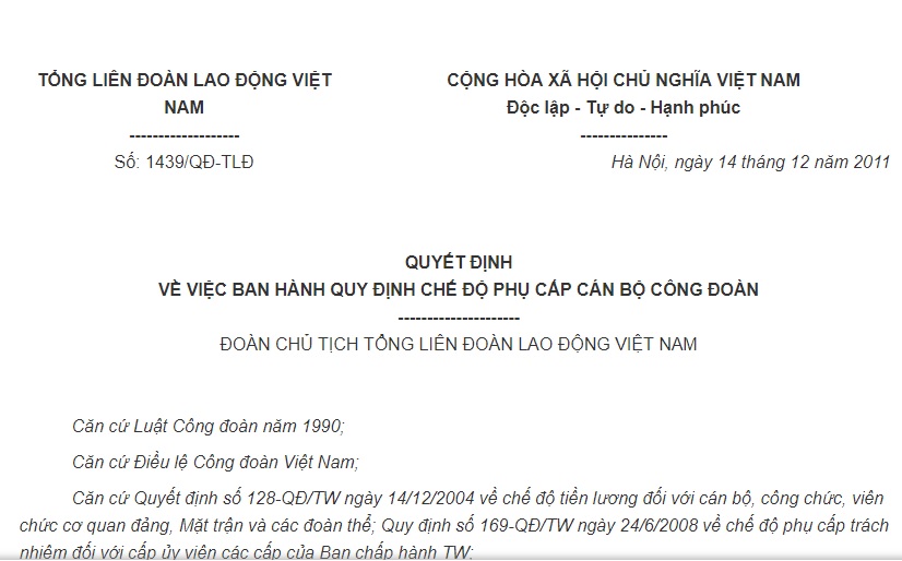 Quyết định 1439/QĐ-TLĐ của Tổng liên đoàn Lao động Việt Nam về việc ban hành Quy định chế độ phụ cấp cán bộ Công đoàn