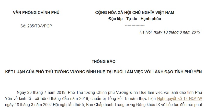 Thông báo 285/TB-VPCP 2019 kết luận của Phó Thủ tướng tại buổi làm việc với tỉnh Phú Yên