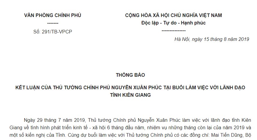 Thông báo 291/TB-VPCP 2019 kết luận của Thủ tướng tại buổi làm việc với tỉnh Kiên Giang