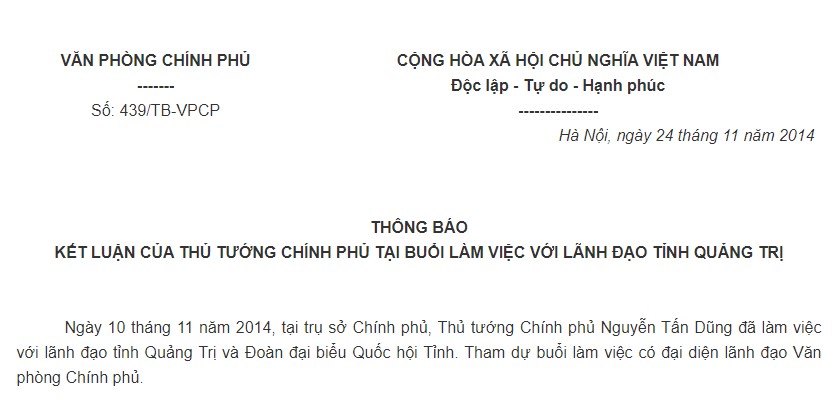 Thông báo 439/TB-VPCP của Văn phòng Chính phủ về kết luận của Thủ tướng Chính phủ tại buổi làm việc với lãnh đạo tỉnh Quảng Trị